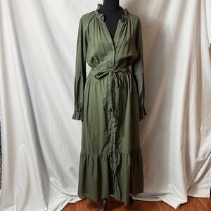 Xirena Ruffle-Neck Olive Maxi Dress with Tie Waist